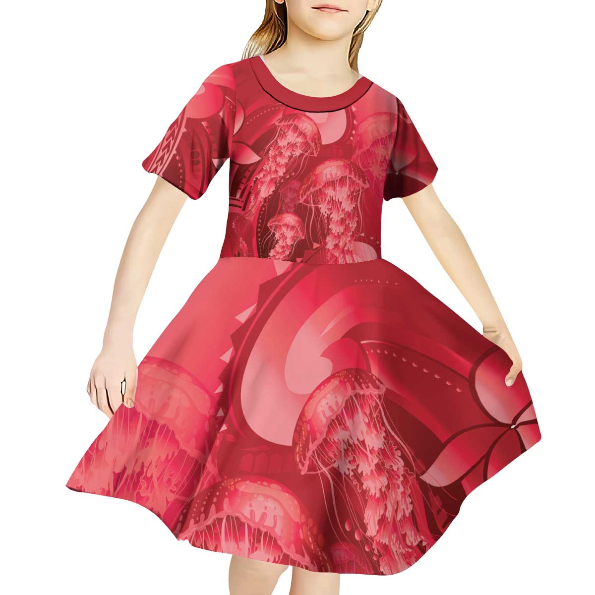 Red Gradient Polynesia Jellyfish Kid Short Sleeve Dress Plumeria Polynesian Tattoo Glowing Vibes LT14 - Polynesian Pride
