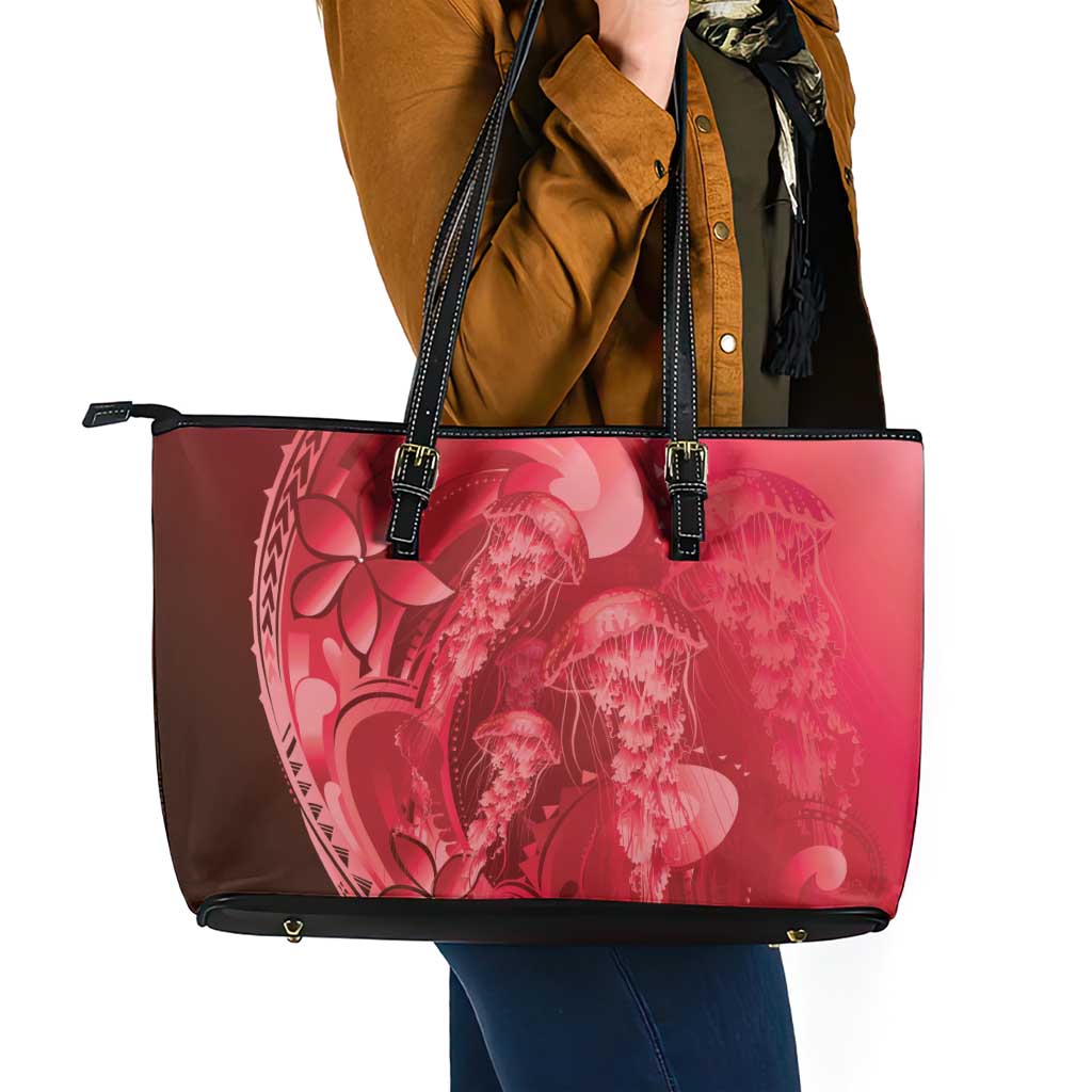 Red Gradient Polynesia Jellyfish Leather Tote Bag Plumeria Polynesian Tattoo Glowing Vibes