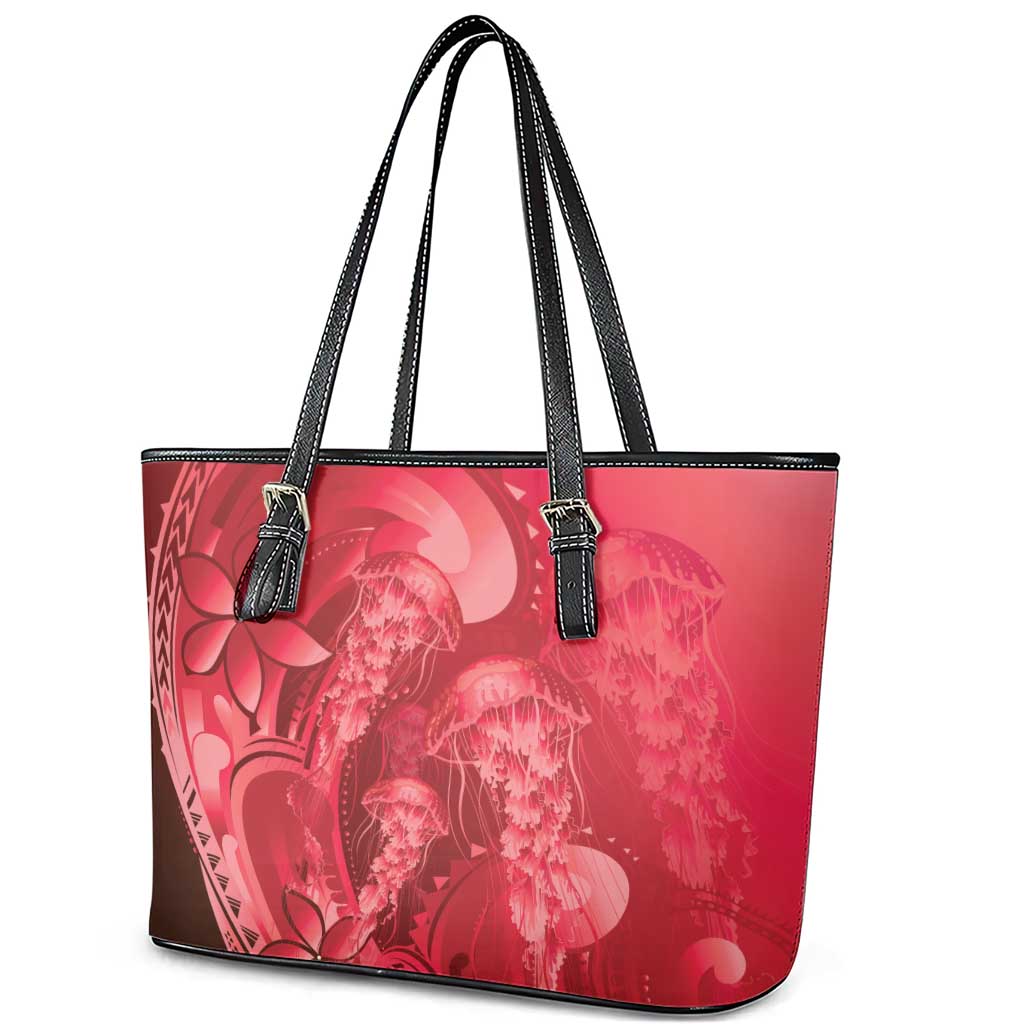 Red Gradient Polynesia Jellyfish Leather Tote Bag Plumeria Polynesian Tattoo Glowing Vibes