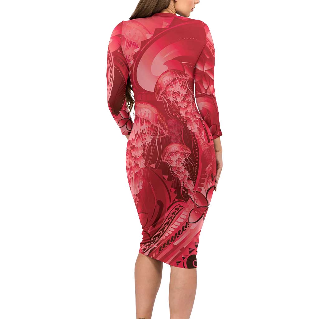 Red Gradient Polynesia Jellyfish Long Sleeve Bodycon Dress Plumeria Polynesian Tattoo Glowing Vibes