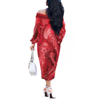 Red Gradient Polynesia Jellyfish Off The Shoulder Long Sleeve Dress Plumeria Polynesian Tattoo Glowing Vibes