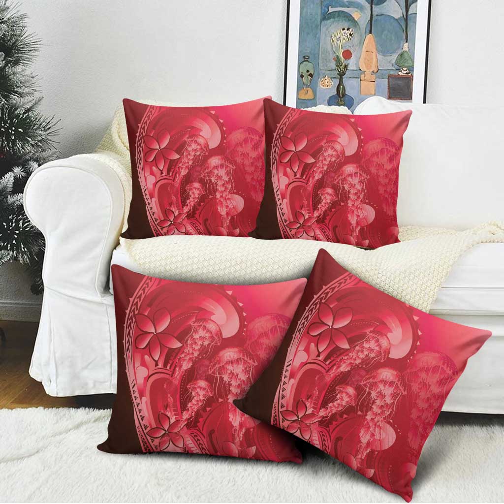 Red Gradient Polynesia Jellyfish Pillow Cover Plumeria Polynesian Tattoo Glowing Vibes