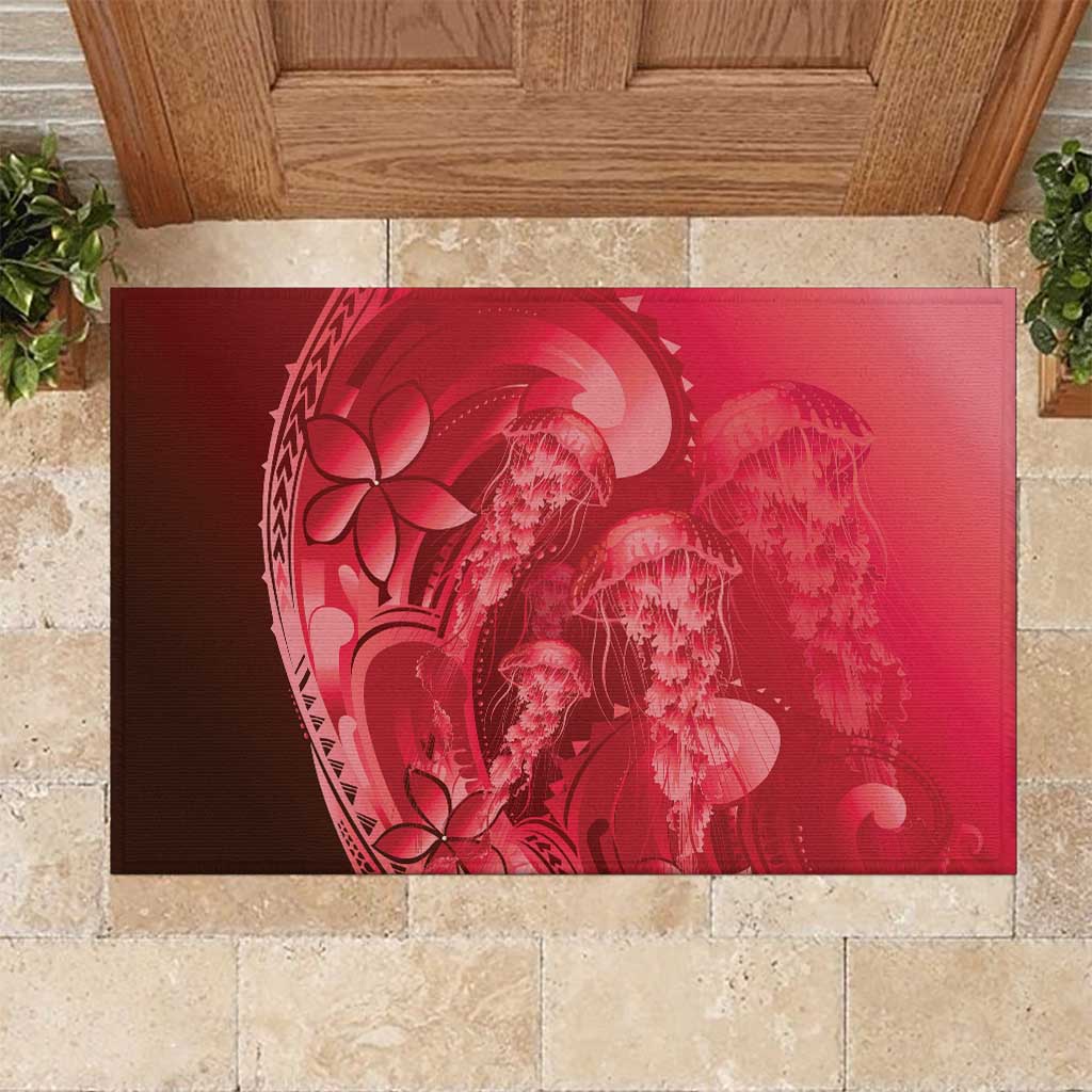 Red Gradient Polynesia Jellyfish Rubber Doormat Plumeria Polynesian Tattoo Glowing Vibes