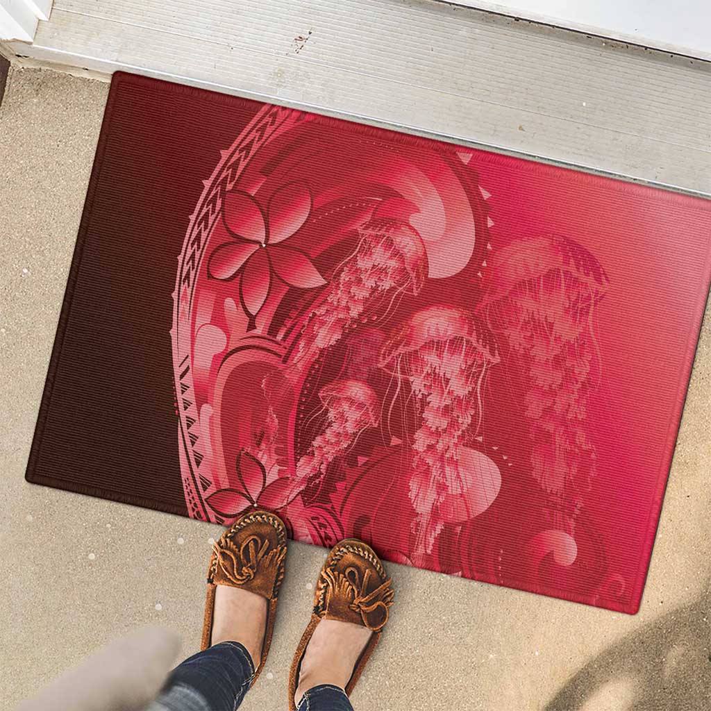 Red Gradient Polynesia Jellyfish Rubber Doormat Plumeria Polynesian Tattoo Glowing Vibes