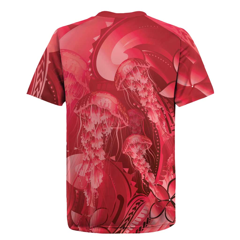 Red Gradient Polynesia Jellyfish Rugby Jersey Plumeria Polynesian Tattoo Glowing Vibes