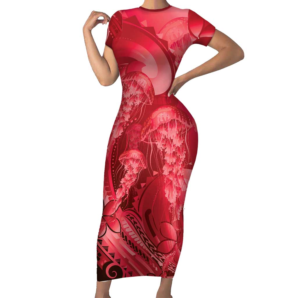 Red Gradient Polynesia Jellyfish Short Sleeve Bodycon Dress Plumeria Polynesian Tattoo Glowing Vibes
