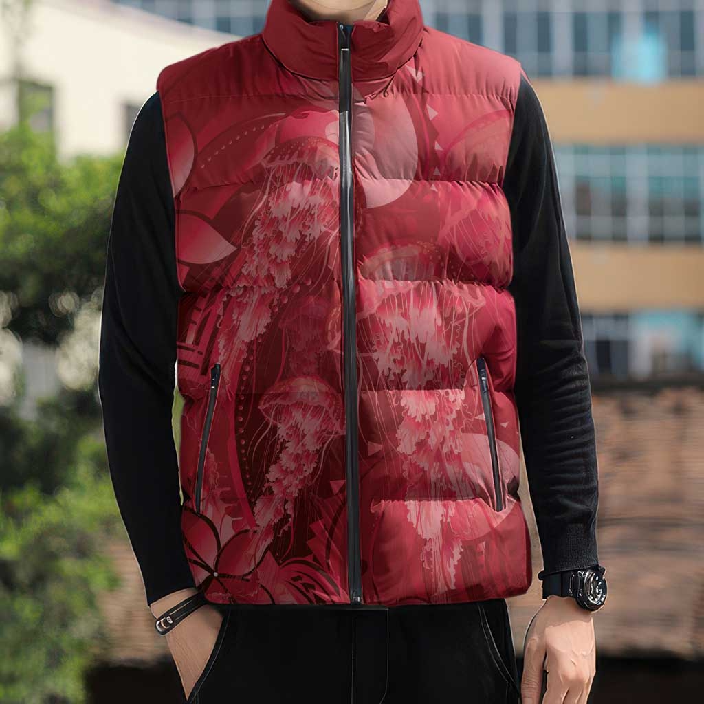 Red Gradient Polynesia Jellyfish Sleeveless Puffer Jacket Plumeria Polynesian Tattoo Glowing Vibes