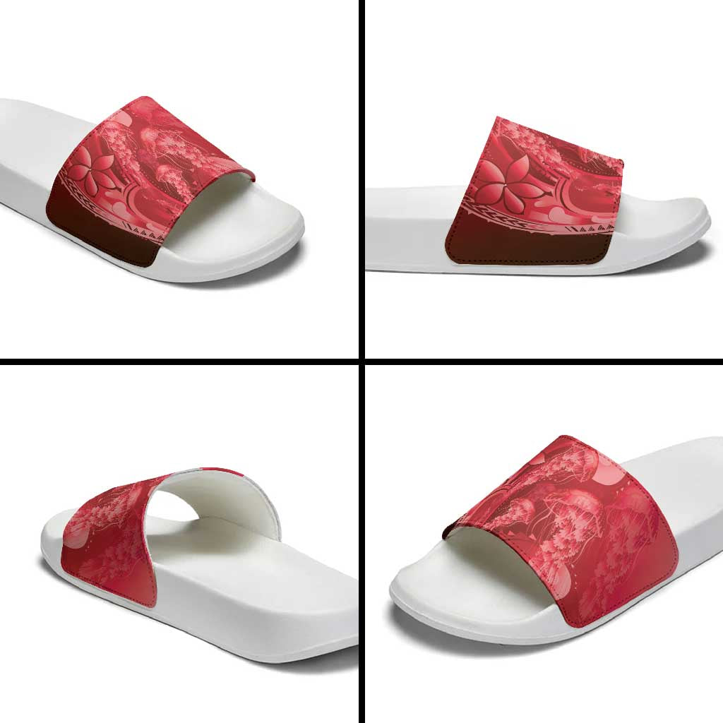 Red Gradient Polynesia Jellyfish Slide Sandals Plumeria Polynesian Tattoo Glowing Vibes