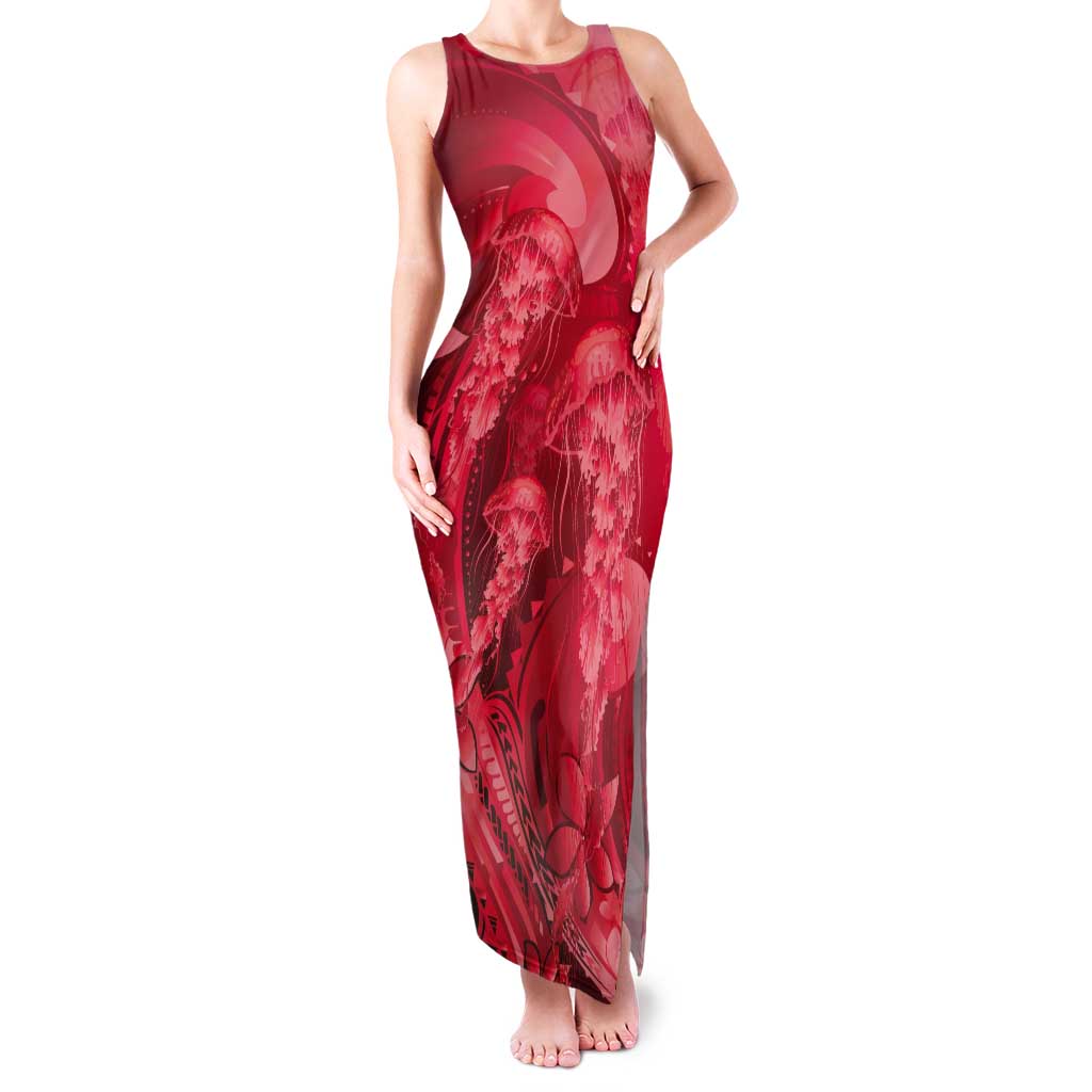 Red Gradient Polynesia Jellyfish Tank Maxi Dress Plumeria Polynesian Tattoo Glowing Vibes LT14 Women Red - Polynesian Pride