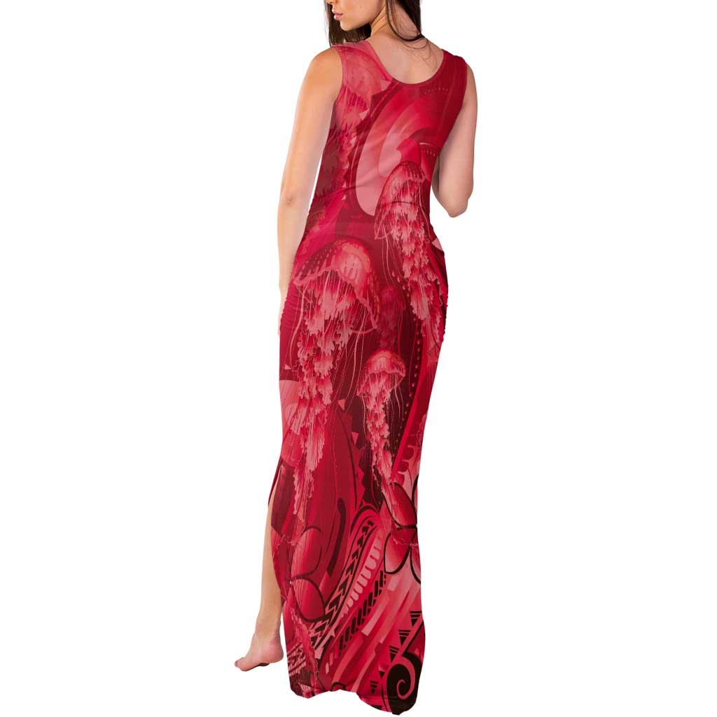 Red Gradient Polynesia Jellyfish Tank Maxi Dress Plumeria Polynesian Tattoo Glowing Vibes LT14 - Polynesian Pride