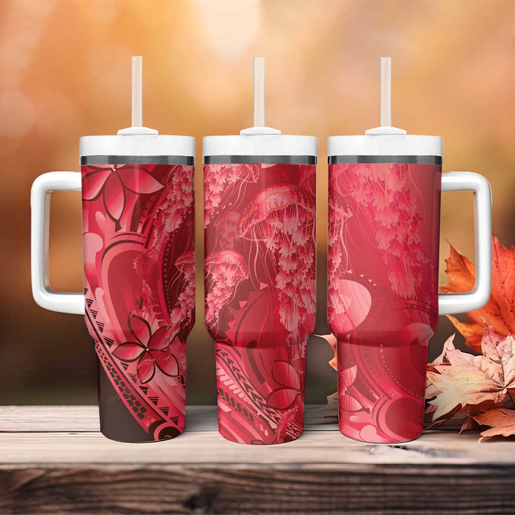 Red Gradient Polynesia Jellyfish Tumbler With Handle Plumeria Polynesian Tattoo Glowing Vibes