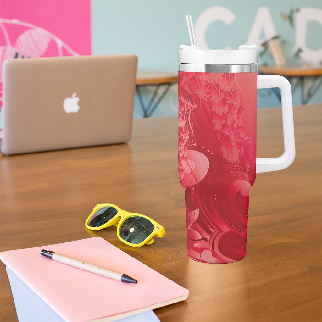 Red Gradient Polynesia Jellyfish Tumbler With Handle Plumeria Polynesian Tattoo Glowing Vibes