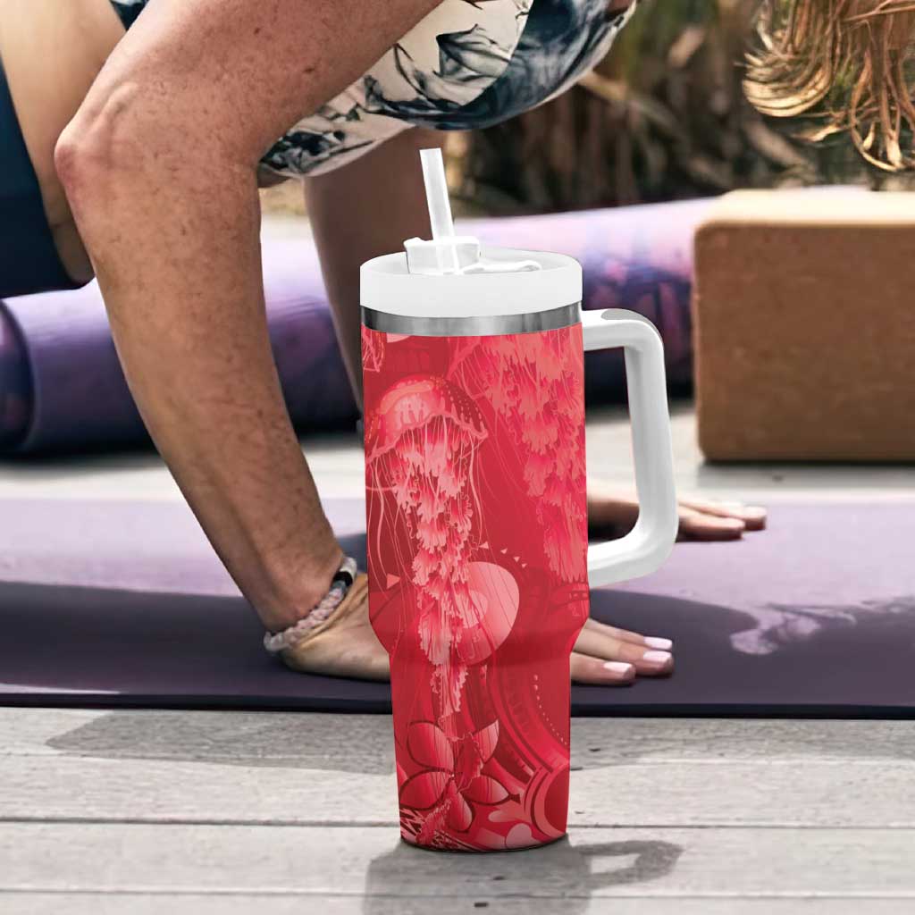 Red Gradient Polynesia Jellyfish Tumbler With Handle Plumeria Polynesian Tattoo Glowing Vibes