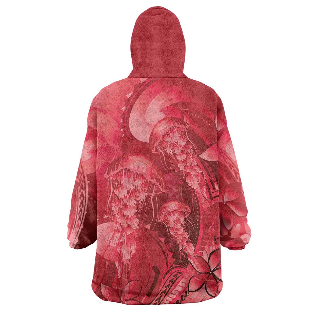 Red Gradient Polynesia Jellyfish Wearable Blanket Hoodie Plumeria Polynesian Tattoo Glowing Vibes