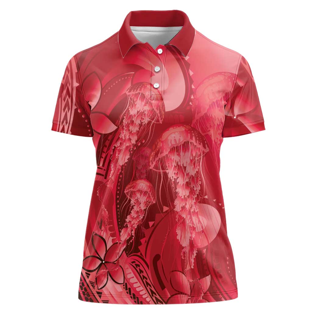 Red Gradient Polynesia Jellyfish Women Polo Shirt Plumeria Polynesian Tattoo Glowing Vibes