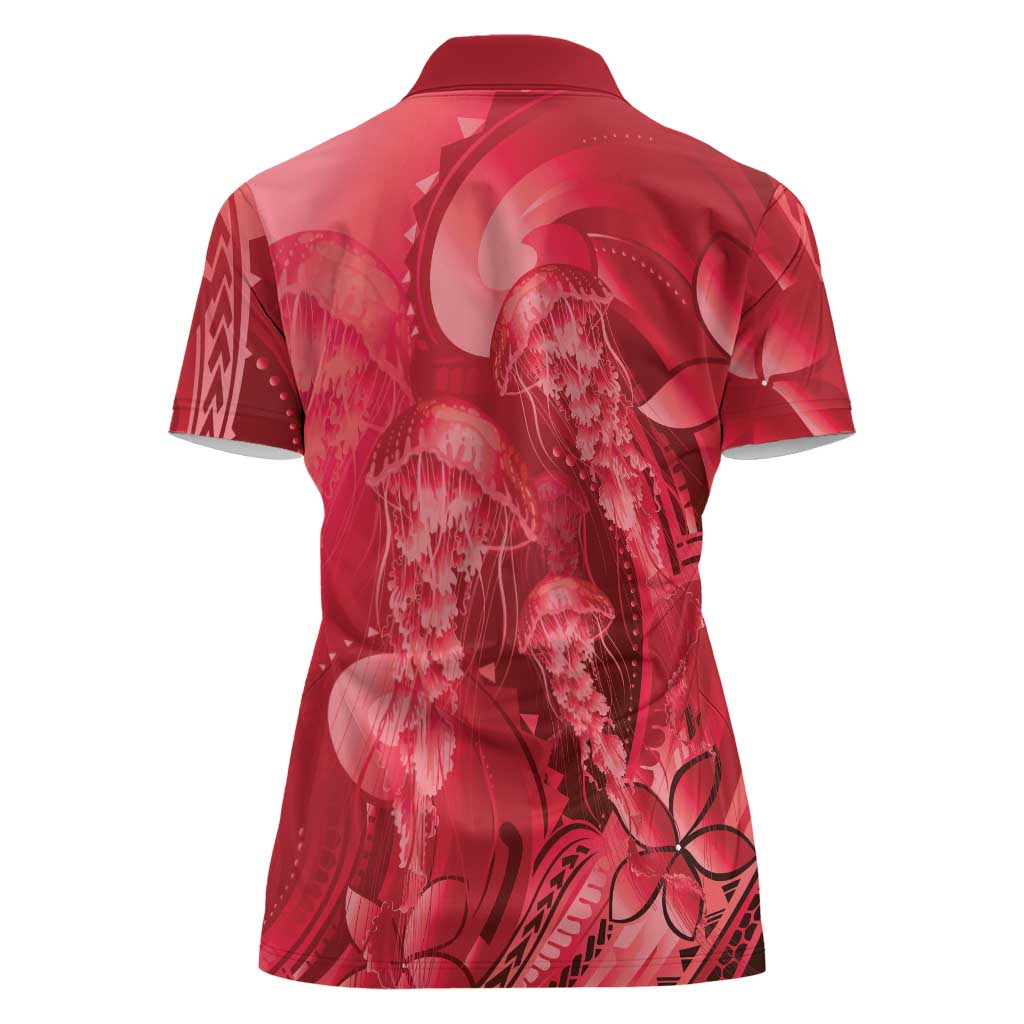 Red Gradient Polynesia Jellyfish Women Polo Shirt Plumeria Polynesian Tattoo Glowing Vibes
