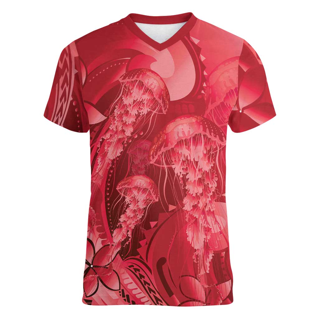 Red Gradient Polynesia Jellyfish Women V-Neck T-Shirt Plumeria Polynesian Tattoo Glowing Vibes