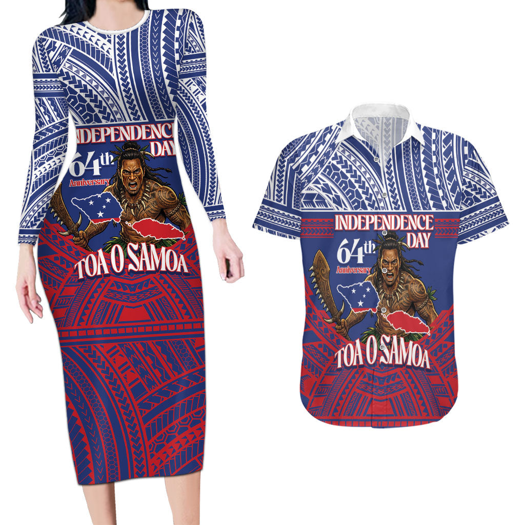 Personalised Samoa Independence Day Couples Matching Long Sleeve Bodycon Dress and Hawaiian Shirt 64th Anniversary Toa O Samoa LT14 Blue - Polynesian Pride