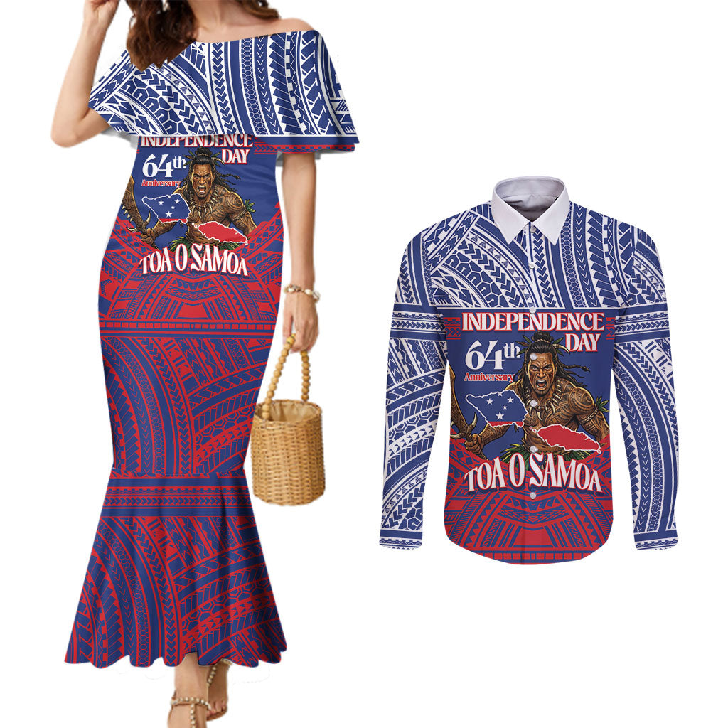Personalised Samoa Independence Day Couples Matching Mermaid Dress and Long Sleeve Button Shirt 64th Anniversary Toa O Samoa