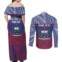 Personalised Samoa Independence Day Couples Matching Off Shoulder Maxi Dress and Long Sleeve Button Shirt 64th Anniversary Toa O Samoa