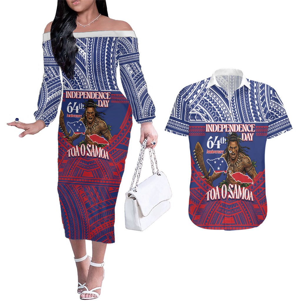 Personalised Samoa Independence Day Couples Matching Off The Shoulder Long Sleeve Dress and Hawaiian Shirt 64th Anniversary Toa O Samoa LT14 Blue - Polynesian Pride