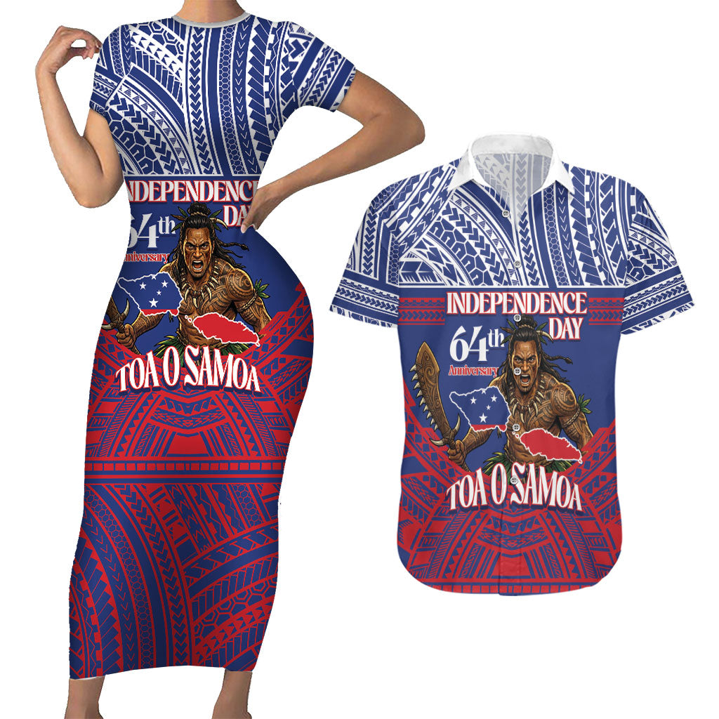 Personalised Samoa Independence Day Couples Matching Short Sleeve Bodycon Dress and Hawaiian Shirt 64th Anniversary Toa O Samoa LT14 Blue - Polynesian Pride