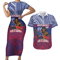 Personalised Samoa Independence Day Couples Matching Short Sleeve Bodycon Dress and Hawaiian Shirt 64th Anniversary Toa O Samoa LT14 Blue - Polynesian Pride