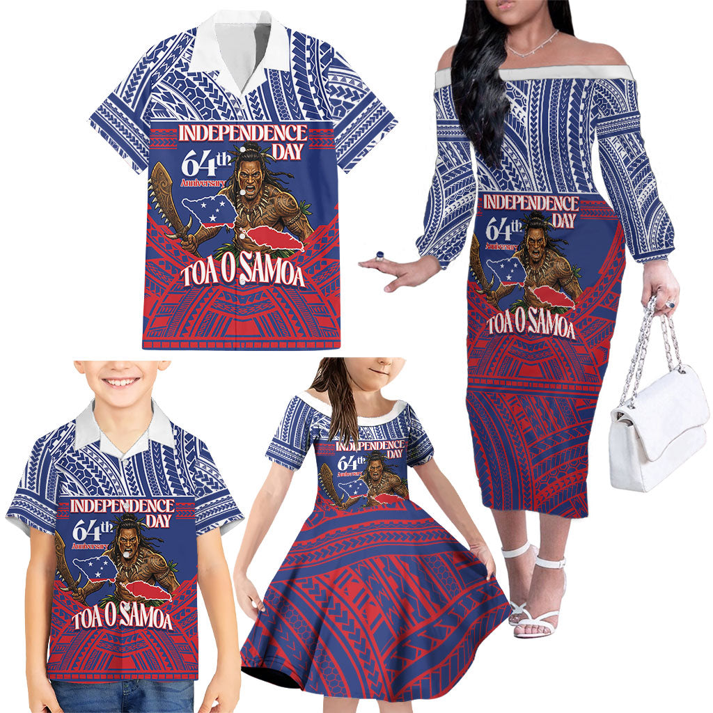 Personalised Samoa Independence Day Family Matching Off The Shoulder Long Sleeve Dress and Hawaiian Shirt 64th Anniversary Toa O Samoa