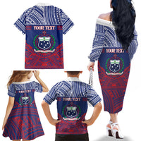 Personalised Samoa Independence Day Family Matching Off The Shoulder Long Sleeve Dress and Hawaiian Shirt 64th Anniversary Toa O Samoa