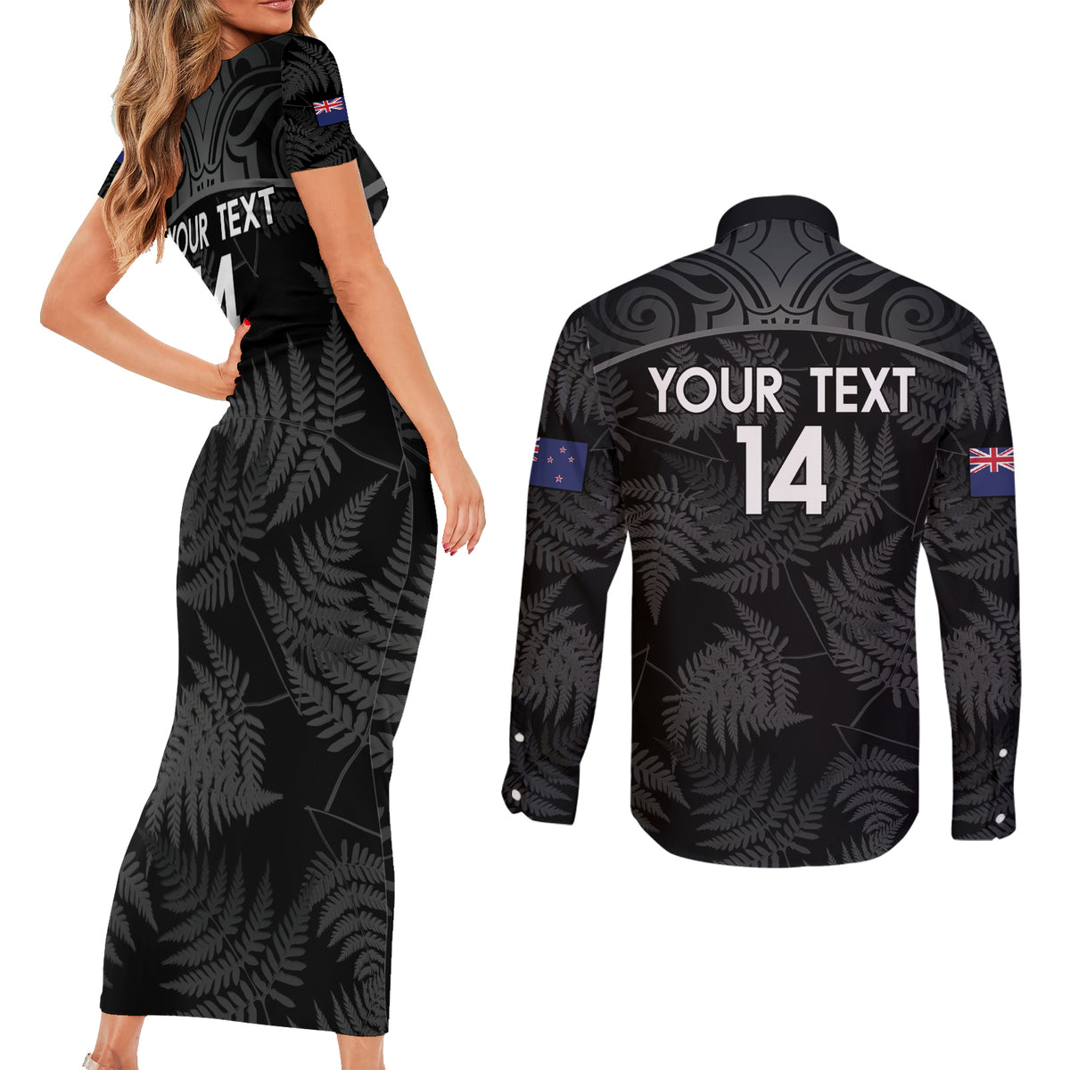 Custom New Zealand Silver Fern Football Couples Matching Short Sleeve Bodycon Dress and Long Sleeve Button Shirt Summer 2024 Olympic Go Aotearoa