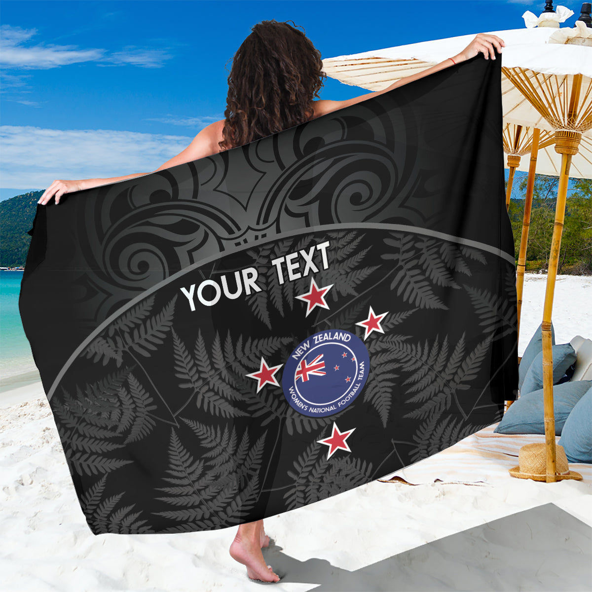 Custom New Zealand Silver Fern Football Sarong Summer 2024 Olympic Go Aotearoa LT14 One Size 44 x 66 inches Black - Polynesian Pride
