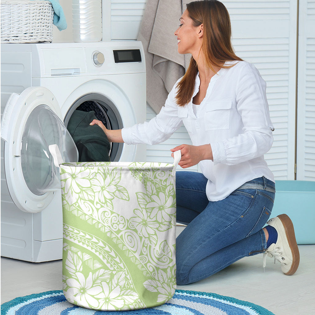Polynesian Tiare Flower Sage Green Pastel Laundry Basket