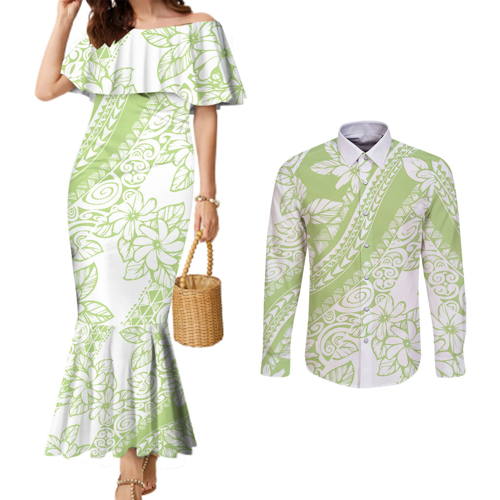 Polynesian Tiare Flower Sage Green Pastel Couples Matching Mermaid Dress and Long Sleeve Button Shirt