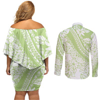 Polynesian Tiare Flower Sage Green Pastel Couples Matching Off Shoulder Short Dress and Long Sleeve Button Shirt
