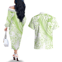 Polynesian Tiare Flower Sage Green Pastel Couples Matching Off The Shoulder Long Sleeve Dress and Hawaiian Shirt