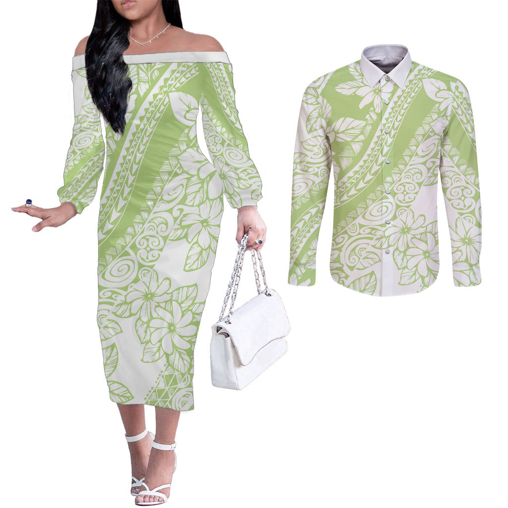 Polynesian Tiare Flower Sage Green Pastel Couples Matching Off The Shoulder Long Sleeve Dress and Long Sleeve Button Shirt
