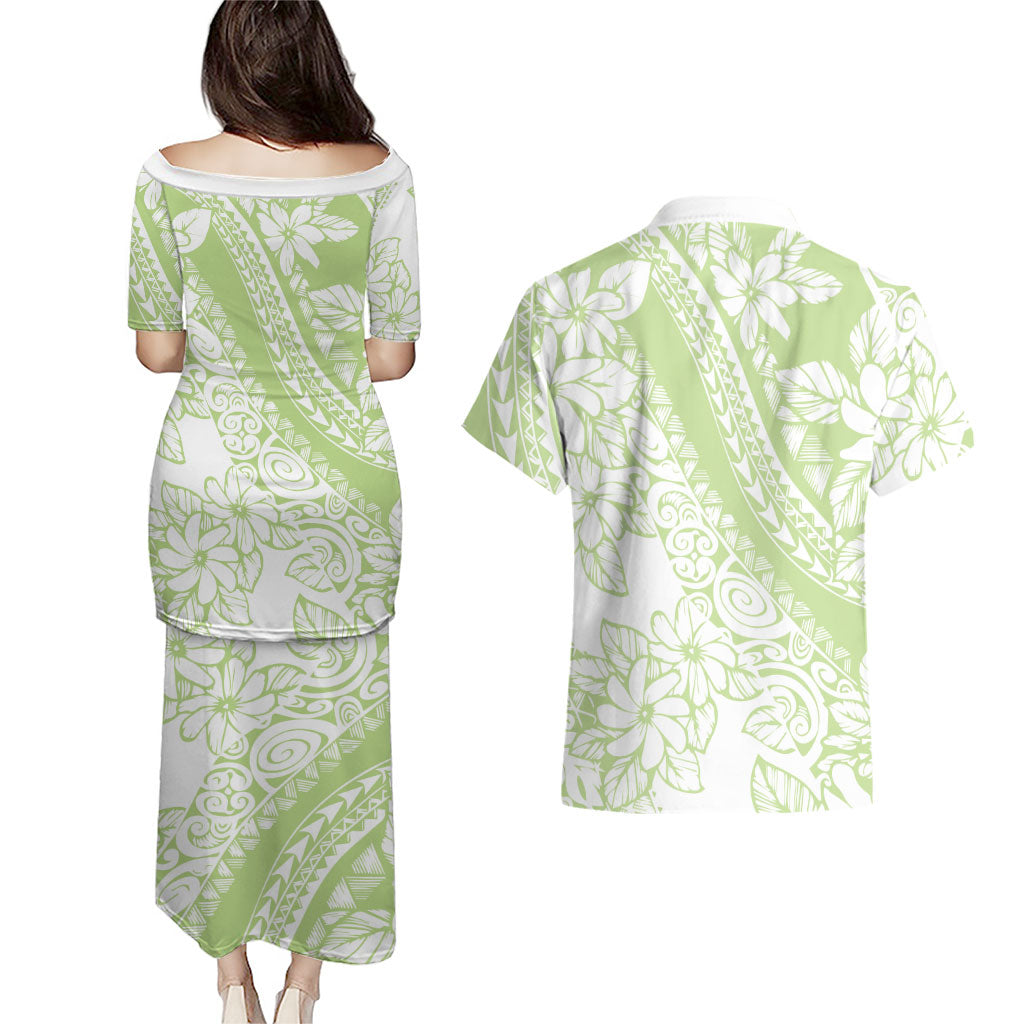 Polynesian Tiare Flower Sage Green Pastel Couples Matching Puletasi and Hawaiian Shirt