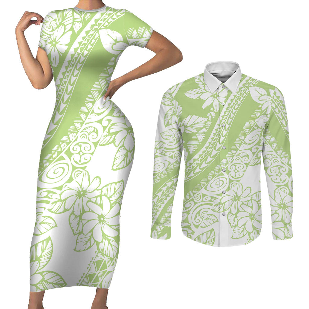 Polynesian Tiare Flower Sage Green Pastel Couples Matching Short Sleeve Bodycon Dress and Long Sleeve Button Shirt