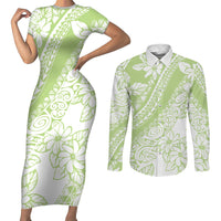 Polynesian Tiare Flower Sage Green Pastel Couples Matching Short Sleeve Bodycon Dress and Long Sleeve Button Shirt