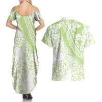 Polynesian Tiare Flower Sage Green Pastel Couples Matching Summer Maxi Dress and Hawaiian Shirt