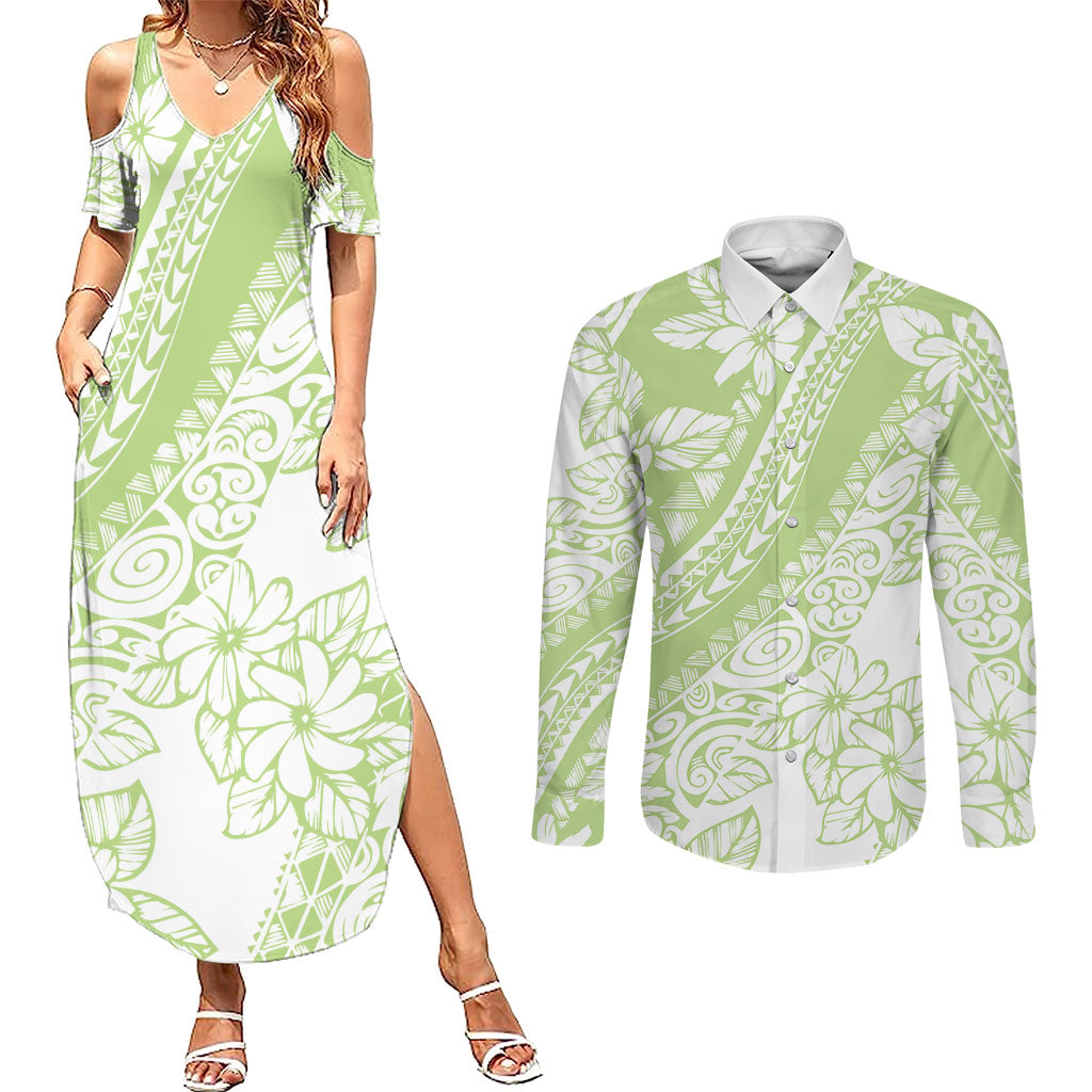 Polynesian Tiare Flower Sage Green Pastel Couples Matching Summer Maxi Dress and Long Sleeve Button Shirt
