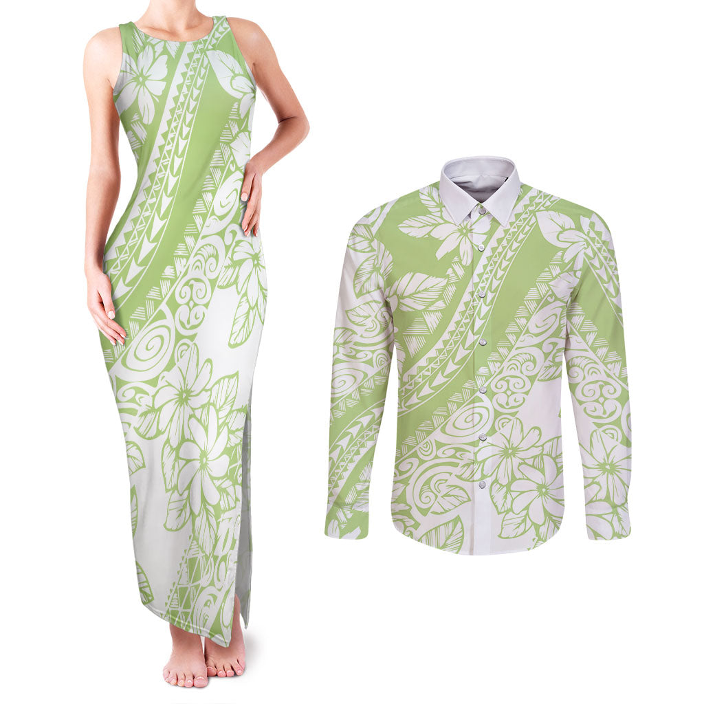 Polynesian Tiare Flower Sage Green Pastel Couples Matching Tank Maxi Dress and Long Sleeve Button Shirt
