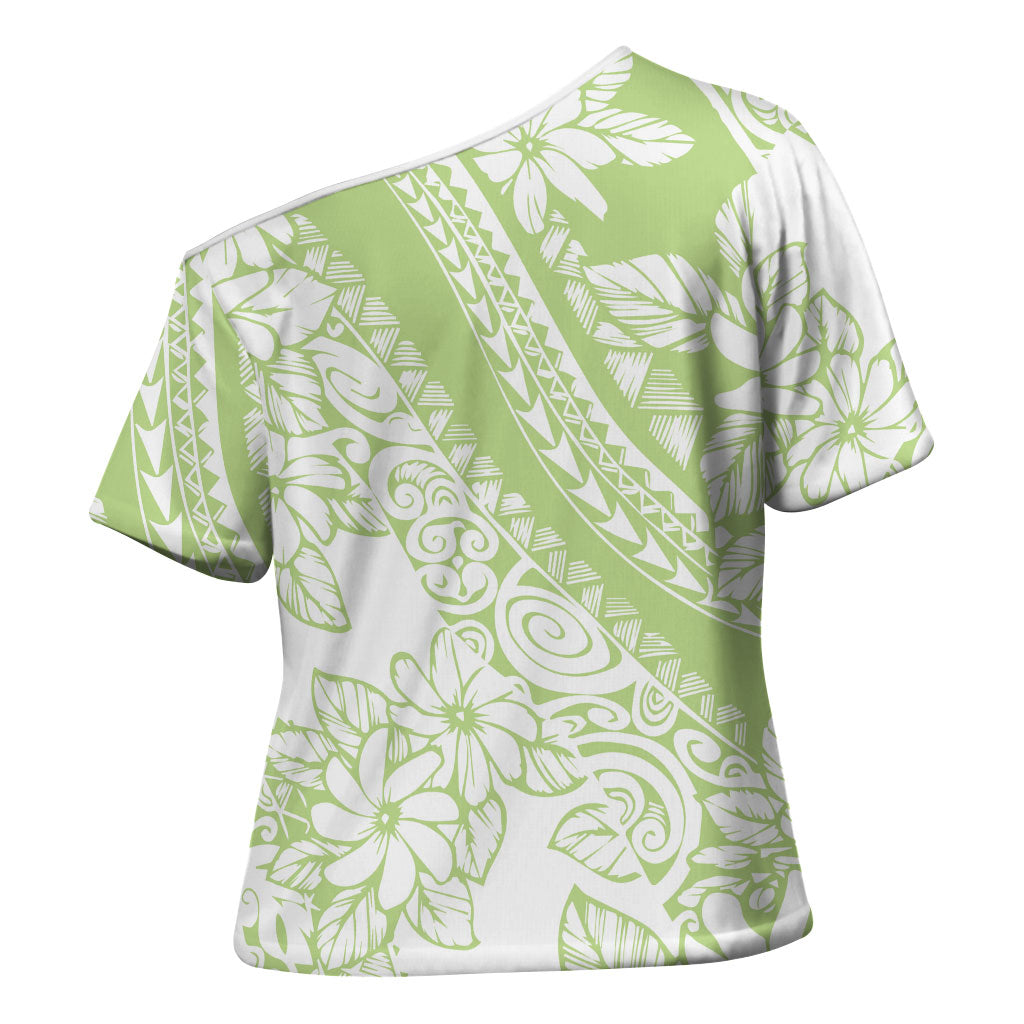 Polynesian Tiare Flower Sage Green Pastel Cross Shoulder Shirt