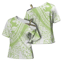 Polynesian Tiare Flower Sage Green Pastel Cross Shoulder Shirt