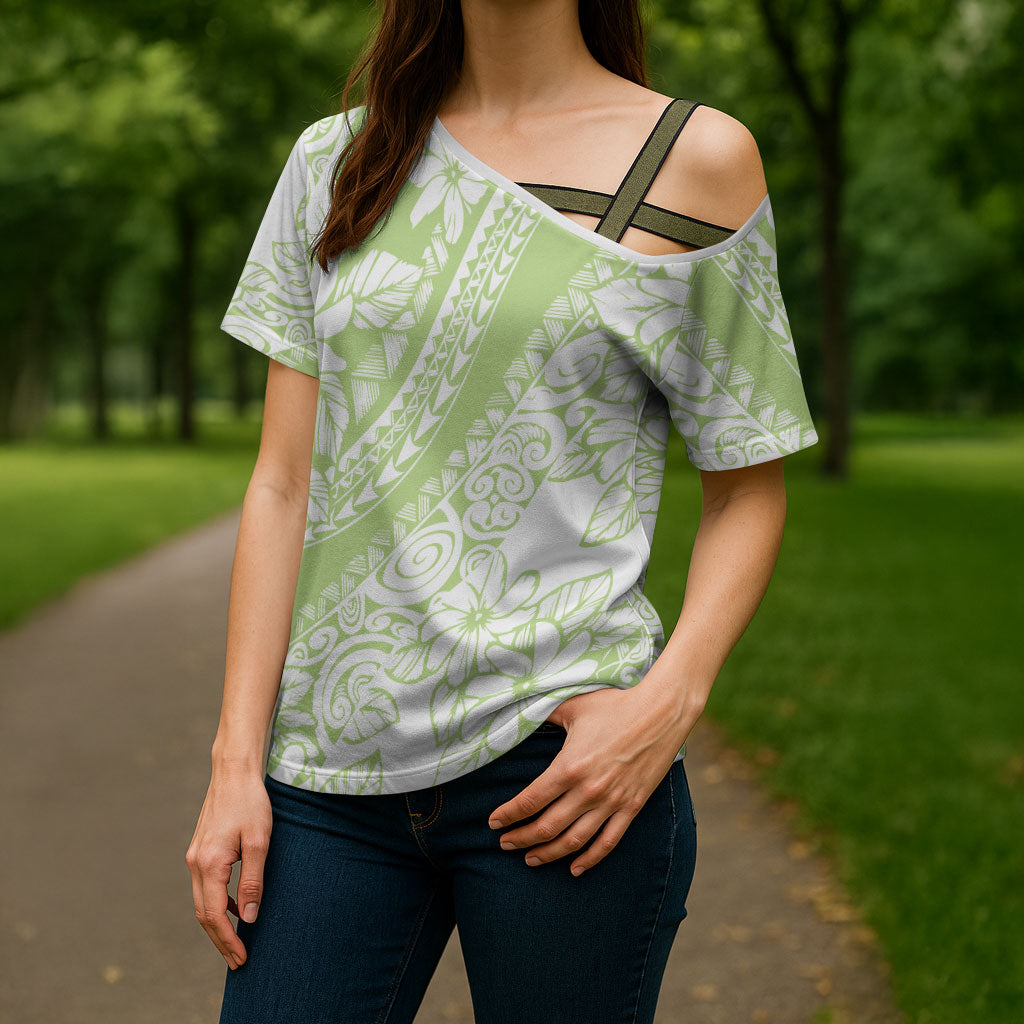 Polynesian Tiare Flower Sage Green Pastel Cross Shoulder Shirt
