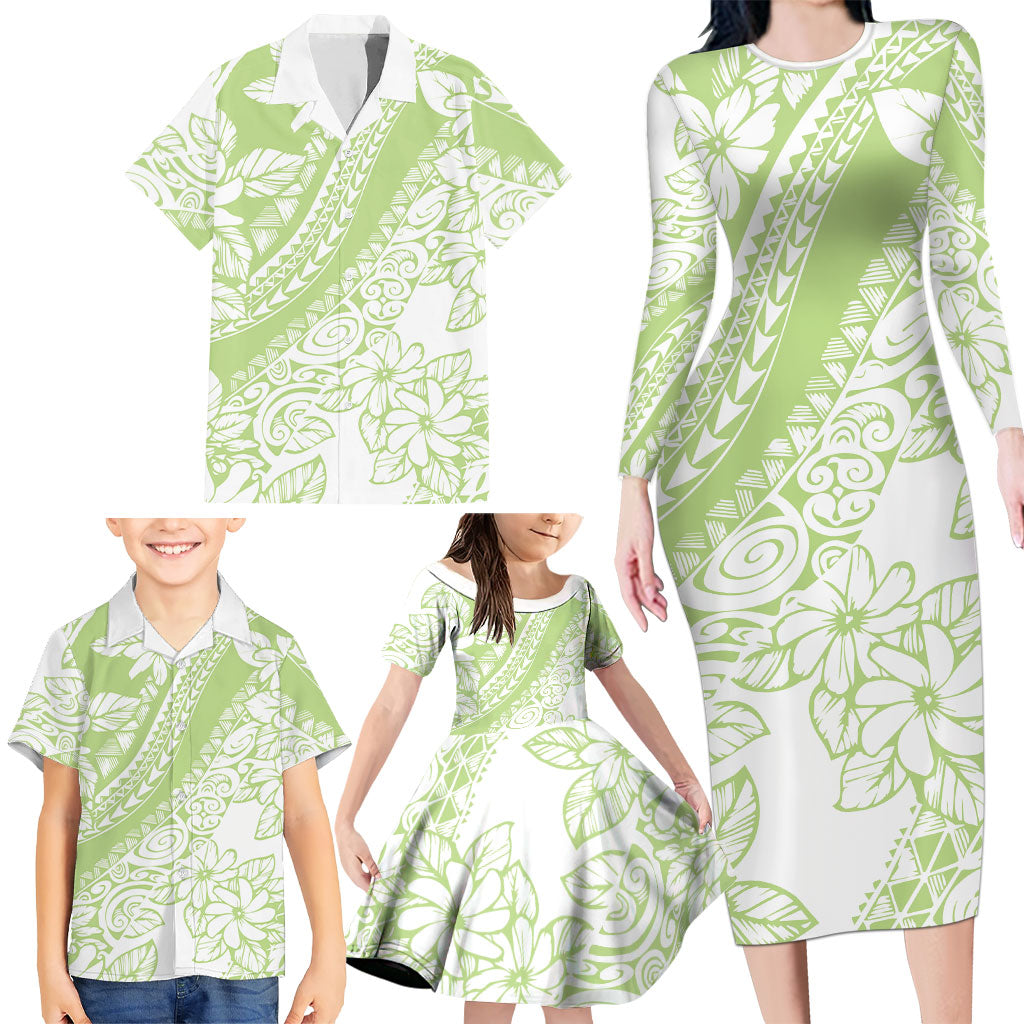 Polynesian Tiare Flower Sage Green Pastel Family Matching Long Sleeve Bodycon Dress and Hawaiian Shirt