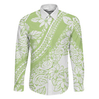 Polynesian Tiare Flower Sage Green Pastel Family Matching Long Sleeve Bodycon Dress and Hawaiian Shirt