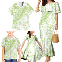 Polynesian Tiare Flower Sage Green Pastel Family Matching Mermaid Dress and Hawaiian Shirt
