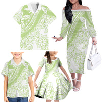 Polynesian Tiare Flower Sage Green Pastel Family Matching Off The Shoulder Long Sleeve Dress and Hawaiian Shirt