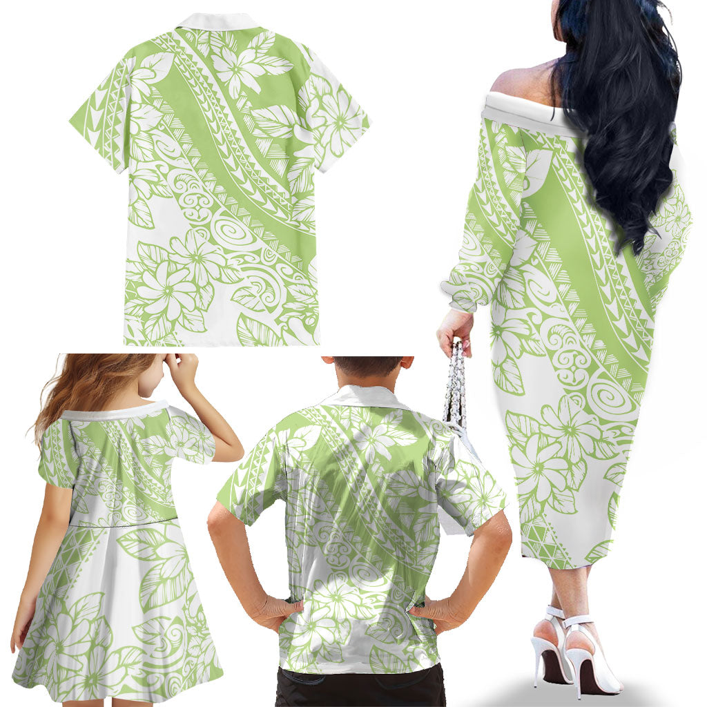 Polynesian Tiare Flower Sage Green Pastel Family Matching Off The Shoulder Long Sleeve Dress and Hawaiian Shirt